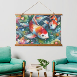 Tapisserie Suspendue Coloré Koi Poisson Whimsical Aquarelle Orange Turq