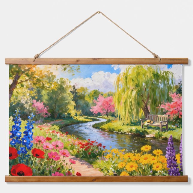 Tapisserie Suspendue Colorful Flower Garden River Spring Landscape Art (Devant)