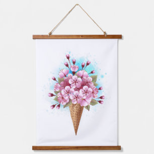 Tapisserie Suspendue Cône rose Sakura crème glacée gaufre