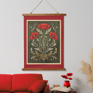 Tapisserie Suspendue Coquelicots Vintage Or Rouge Art Nouveau