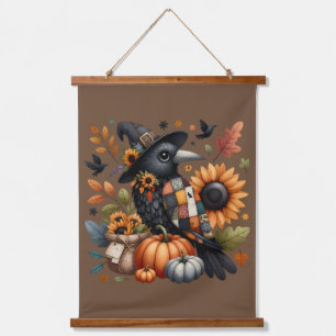 Tapisserie Suspendue Corbeau Fantaisiste avec Citrouilles et Tournesols
