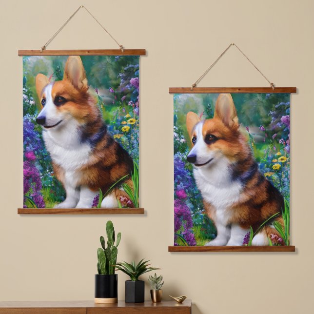 Tapisserie Suspendue Corgi dans le jardin (Asymétrique)