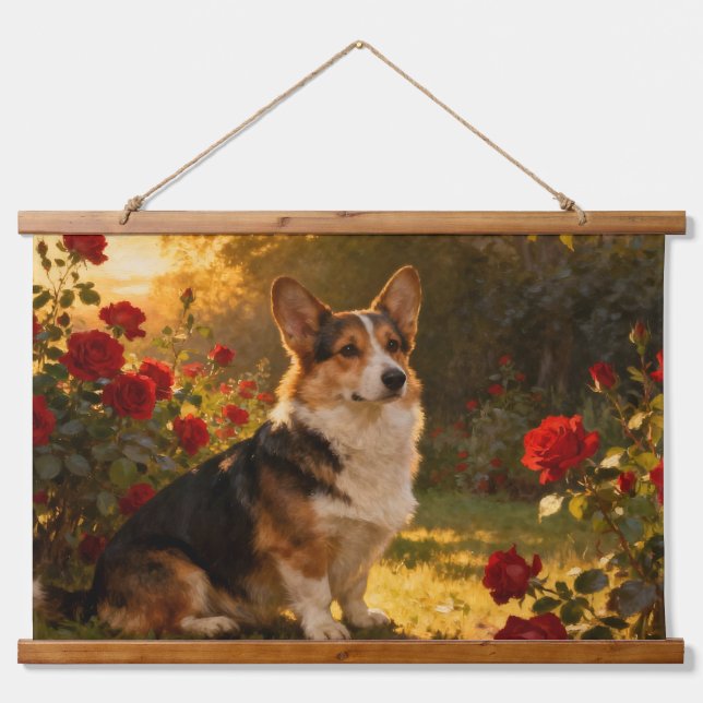 Tapisserie Suspendue Corgi dans les Roses I (Devant)
