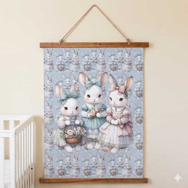 Tapisserie Suspendue Cottage Bunny Sisters Watercolor Illustration (Cottage Bunny Sisters Watercolor Illustration Hanging Tapestry)