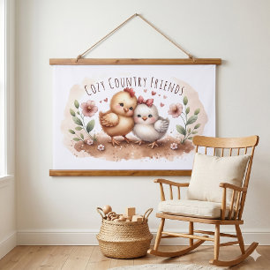 Tapisserie Suspendue Cottagecore Aquarelle Duo de Poules Caprices
