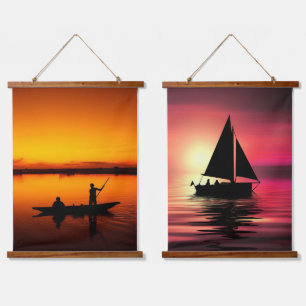 Tapisserie Suspendue Coucher de soleil, bateau d'aviron Silhouette-1649