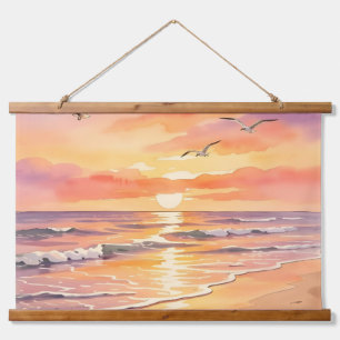 Tapisserie Suspendue Coucher de soleil sur la plage avec des oiseaux