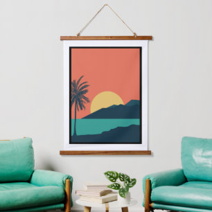 Tapisserie Suspendue Coucher de soleil sur un palmier, Île, Art abstrai