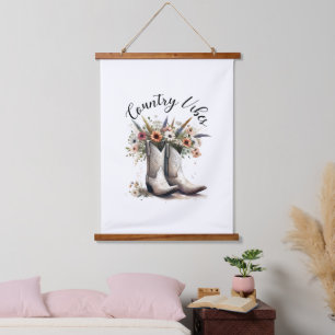 Tapisserie Suspendue Country Vibes Bottes et fleurs occidentales Aquare