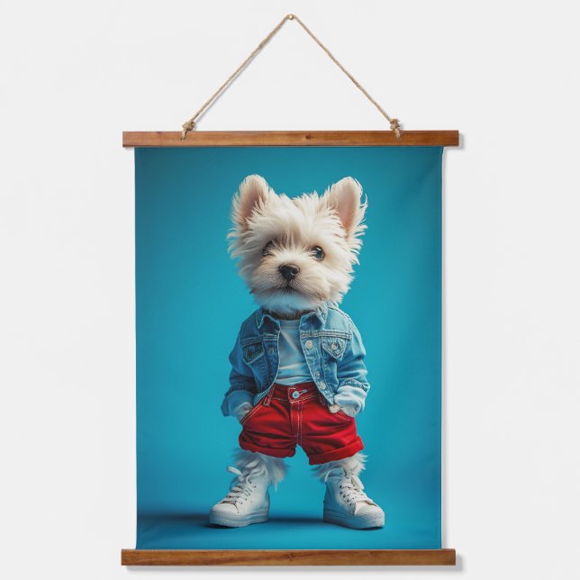 Tapisserie Suspendue Coupe Westie stylish en Denim et Basket (Recto)