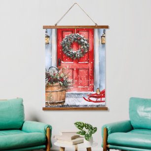 Tapisserie Suspendue Couronne de Noël rouge hivernal rustique vintage p