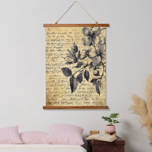 Tapisserie Suspendue Croquis Floral Rustique avec Calligraphie - Vieill