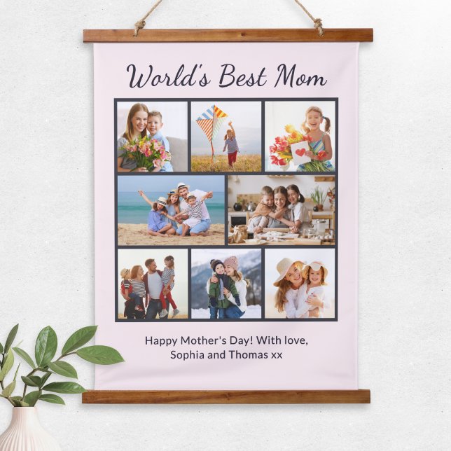 Tapisserie Suspendue Custom 7 Photo Collage World's Best Mom (A personalized, pink wall hanging for the 'World's Best Mom', with photo collage and custom message)