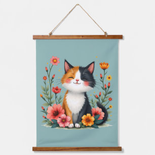 Tapisserie Suspendue Cute Calico Chat avec Cottagecore Floral Esthétiqu