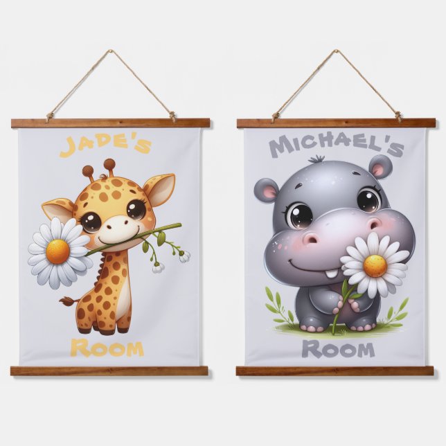 Tapisserie Suspendue Cute Cartoon Giraffe et Hippo Salle pour enfants (Double)