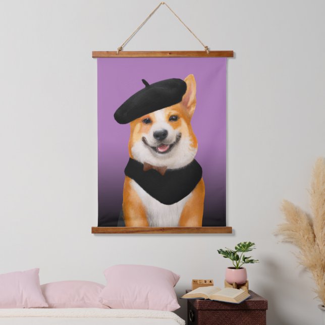 Tapisserie Suspendue Cute Chic Corgi Chien Portant Beret & Bandana (Chambre à coucher)