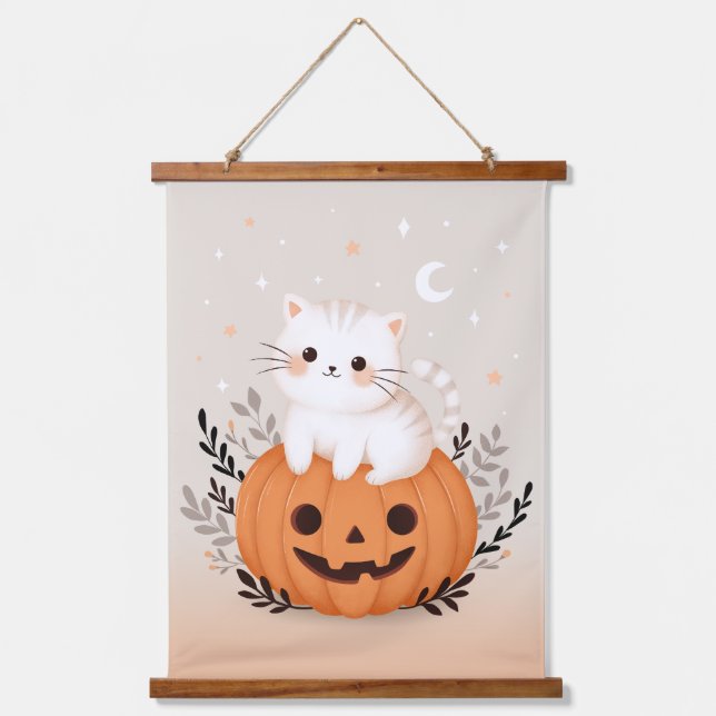 Tapisserie Suspendue Cute Kitten Assis Sur Citrouille Moderne Halloween (Recto)