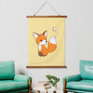 Tapisserie Suspendue Cute Little Fox regarde Papillon jaune