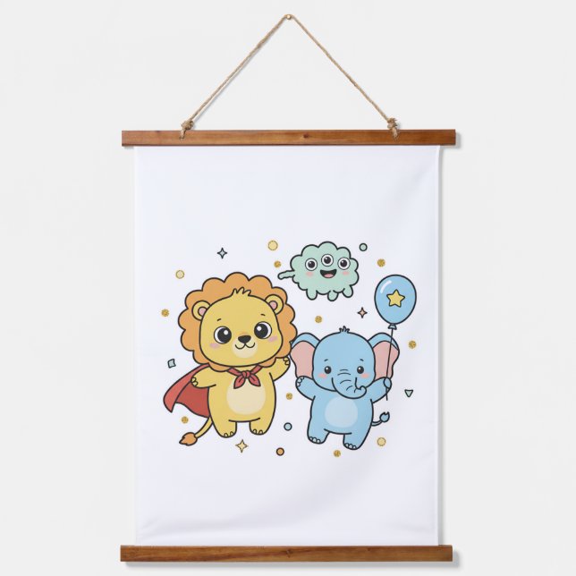 Tapisserie Suspendue Cute Superhero Lion and Elephant Friends Cartoon (Recto)