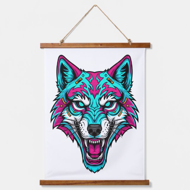 Tapisserie Suspendue Cyberpunk Neon Wolf - Synthwave Robotic Animal (Recto)