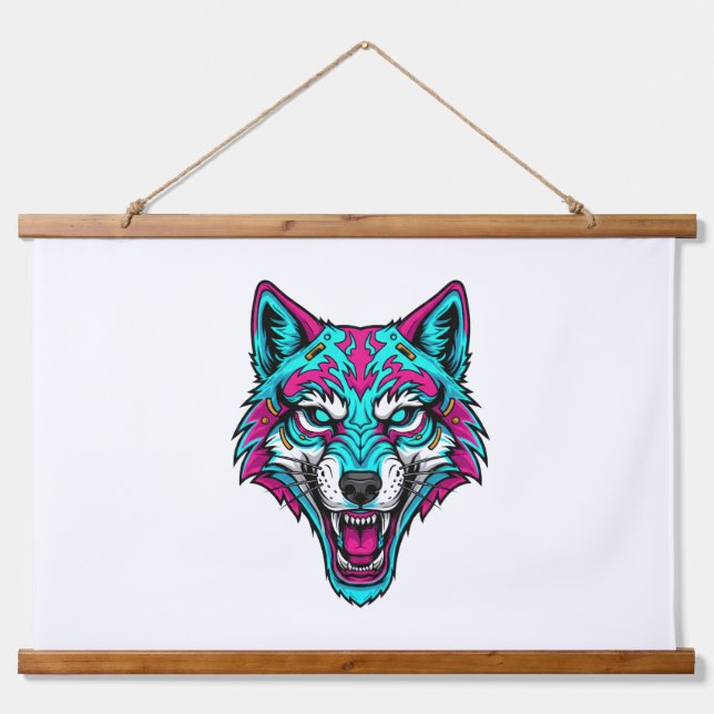 Tapisserie Suspendue Cyberpunk Neon Wolf - Synthwave Robotic Animal (Devant)