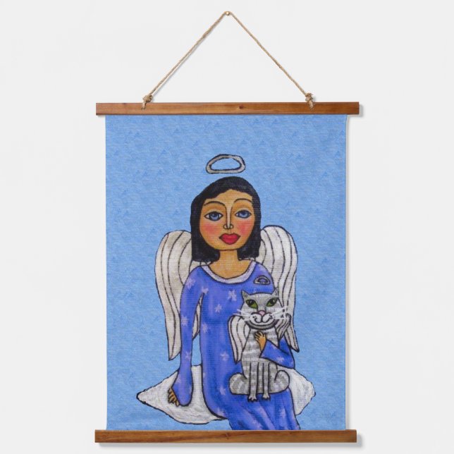 Tapisserie Suspendue Dark Haired Angel Blue robe Angel Chat sur Cloud (Recto)