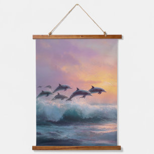 Tapisserie Suspendue Dauphins au coucher du soleil surfant sur la vague
