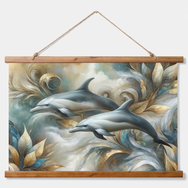 Tapisserie Suspendue Dolphins Golden Botanical Dreamscape (Devant)