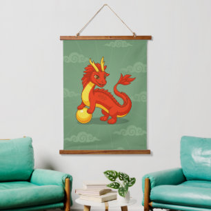 Tapisserie Suspendue Dragon Chinois Rouge sur Fond Vert