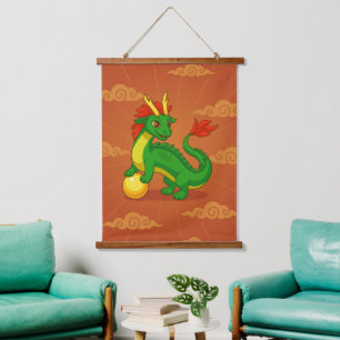 Tapisserie Suspendue Dragon Chinois Vert sur Rouge