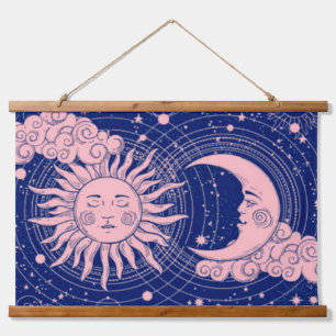 Tapisserie Suspendue Dreamy Blue Vintage Celestial rose soleil & lune