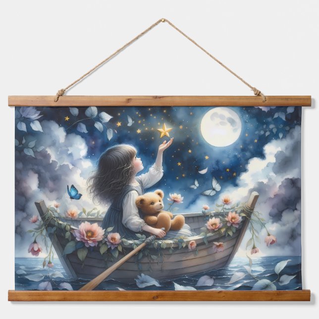 Tapisserie Suspendue Dreamy Girl Rowing Boat Moonlit Fantasy Scene (Devant)