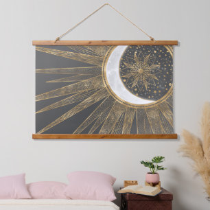 Tapisserie Suspendue Elegant Gold Doodles Sun Moon Mandala Design