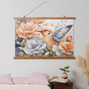 Tapisserie Suspendue Élégant papillon ailé Oiseau et fleurs Art