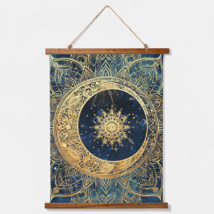 Tapisserie Suspendue Elégante aquarelle bleu or Mandala Sun Nebula