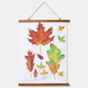 Tapisserie Suspendue Érable rouge et feuilles de chêne doré Aquarelle d