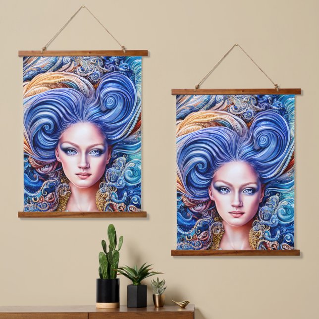 Tapisserie Suspendue Été Bleu Océan Vague Anime Abstraite Fille Artwork (Asymétrique)