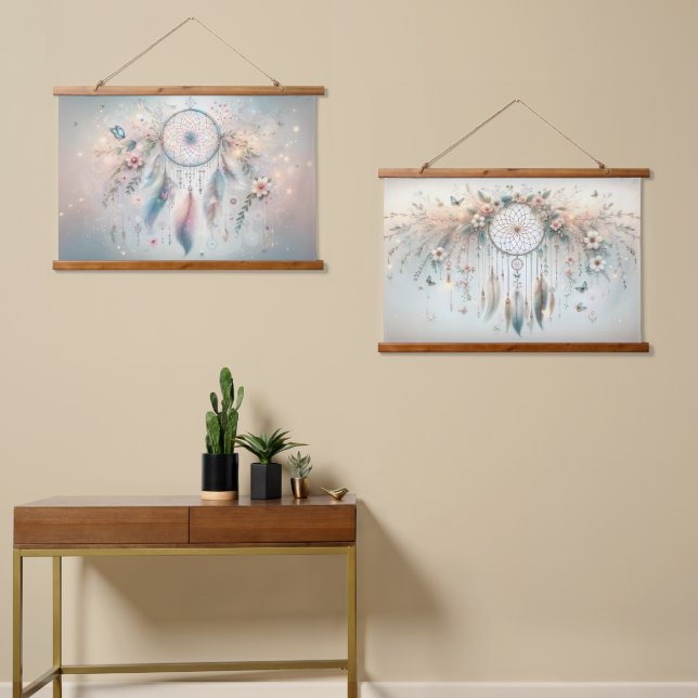 Tapisserie Suspendue Ethereal Dreamcatcher avec plumes & fleurs (Asymétrique)