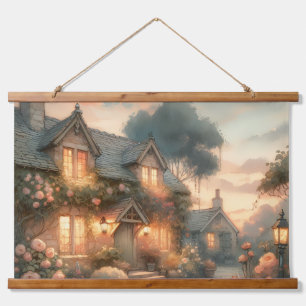 Tapisserie Suspendue Fairytale Cottage au coucher du soleil avec Rose