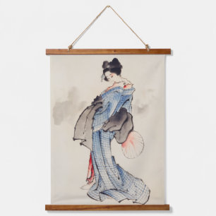 Tapisserie Suspendue Femme debout avec un ventilateur, Hokusai
