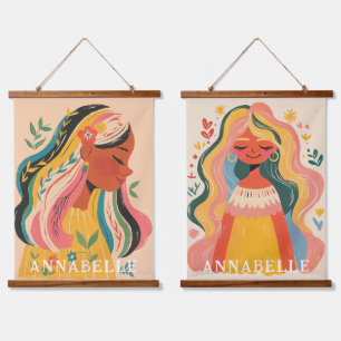 Tapisserie Suspendue Femmes Filles Illustration Florale Bohème Prénom