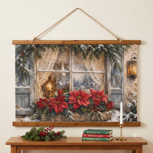 Tapisserie Suspendue Fenêtre de Noël au poinsettia enneigé