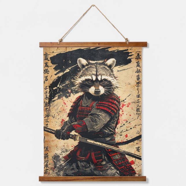 Tapisserie Suspendue Feral Raccoon Samurai Warrier - Style encre japona (Recto)