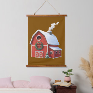 Tapisserie Suspendue Ferme rustique festive grange rouge enneigée Noël