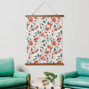 Tapisserie Suspendue Feuille bleue blanche et motif floral rouge