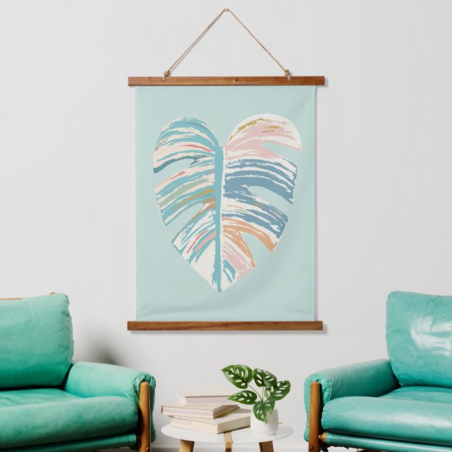 Tapisserie Suspendue Feuille Monstera - Turquoise, Vert, Corail, Moutar (Salon)