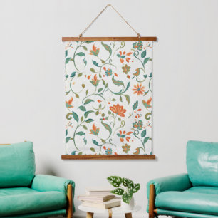 Tapisserie Suspendue Feuilles bleu vintage et motifs floraux orange