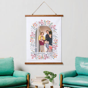 Tapisserie Suspendue Feuilles et baies bleu roux photo de famille arche