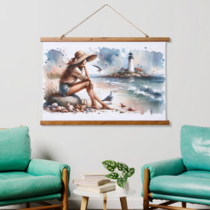 Tapisserie Suspendue Fille de la plage côtière et phare 