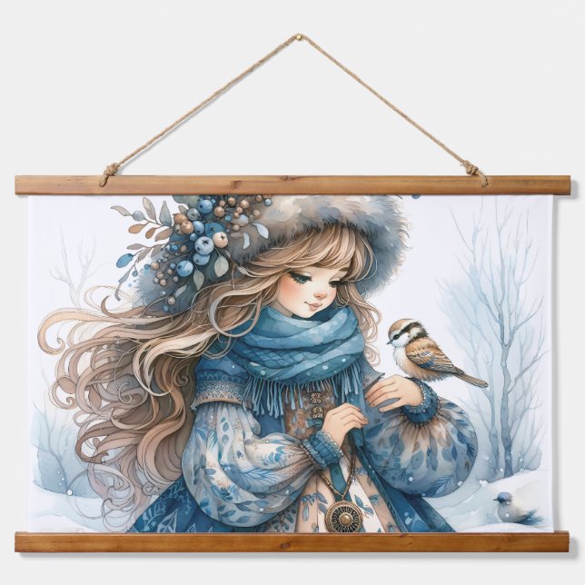 Tapisserie Suspendue Fille d'hiver avec oiseau en manteau floral bleu (Devant)